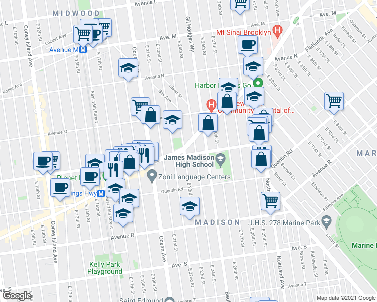 map of restaurants, bars, coffee shops, grocery stores, and more near 2318 Avenue P in Brooklyn