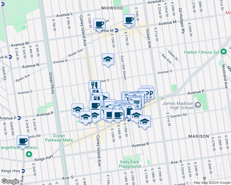 map of restaurants, bars, coffee shops, grocery stores, and more near 1580 East 15th Street in Brooklyn