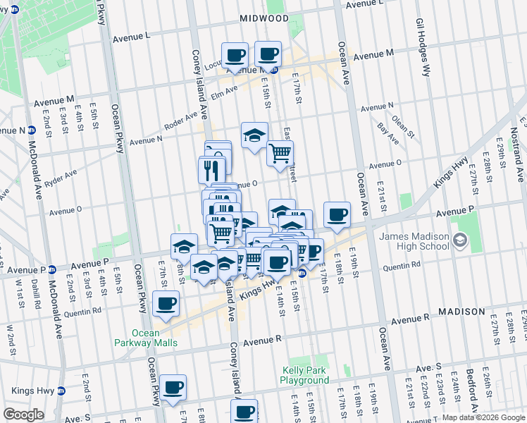 map of restaurants, bars, coffee shops, grocery stores, and more near 1561 East 13th Street in Brooklyn