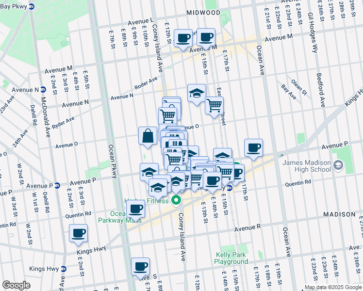 map of restaurants, bars, coffee shops, grocery stores, and more near 1568 East 12th Street in Brooklyn