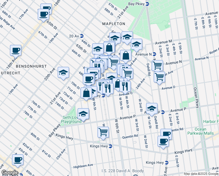 map of restaurants, bars, coffee shops, grocery stores, and more near 1407 West 6th Street in Brooklyn