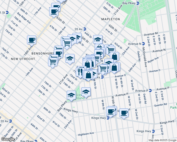 map of restaurants, bars, coffee shops, grocery stores, and more near 7000 Bay Parkway in Brooklyn