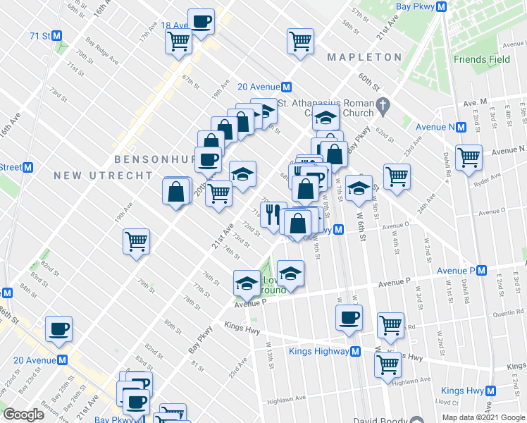map of restaurants, bars, coffee shops, grocery stores, and more near 2150 71st Street in Brooklyn
