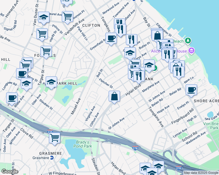map of restaurants, bars, coffee shops, grocery stores, and more near 412 Clifton Avenue in Staten Island