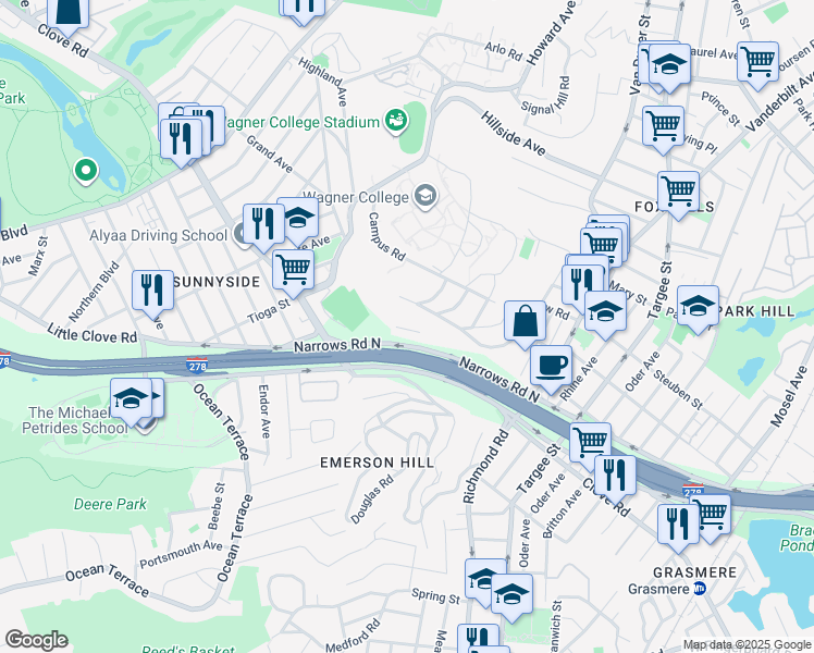 map of restaurants, bars, coffee shops, grocery stores, and more near 809 Narrows Road North in Staten Island