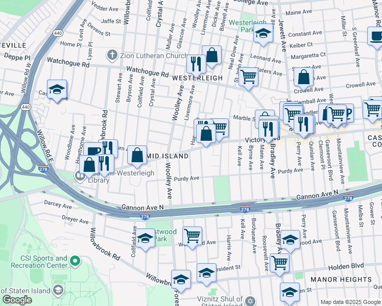 map of restaurants, bars, coffee shops, grocery stores, and more near 21 Ardmore Avenue in Staten Island