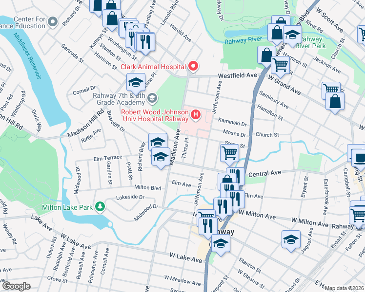 map of restaurants, bars, coffee shops, grocery stores, and more near 1084 Thirza Place in Rahway