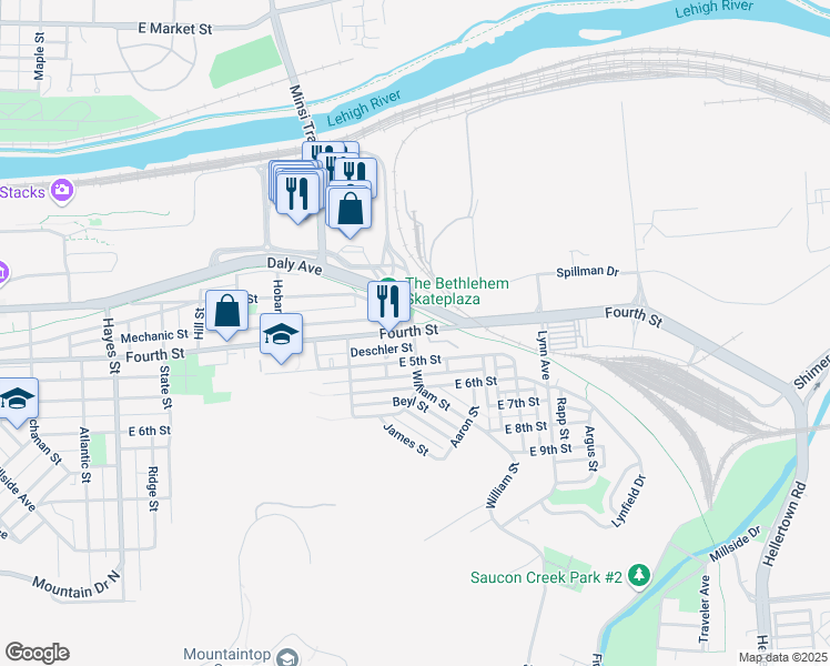 map of restaurants, bars, coffee shops, grocery stores, and more near 1417 East 5th Street in Bethlehem