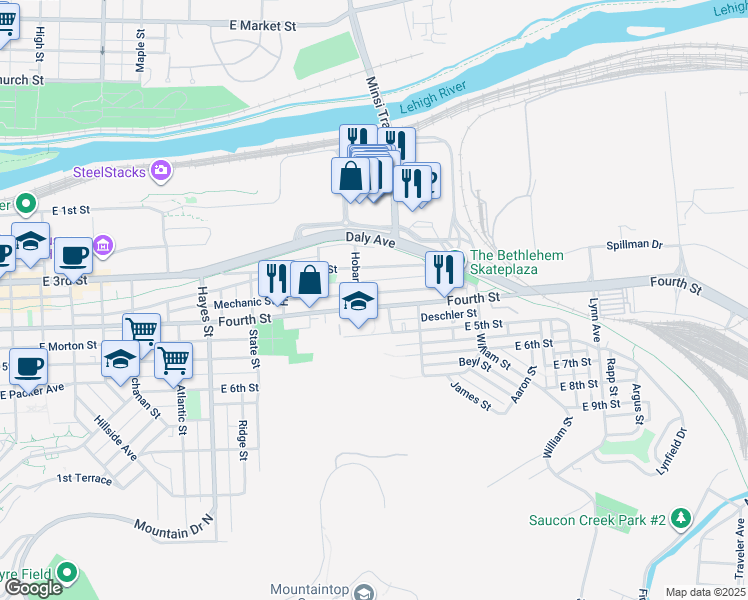 map of restaurants, bars, coffee shops, grocery stores, and more near 1224 East 4th Street in Bethlehem