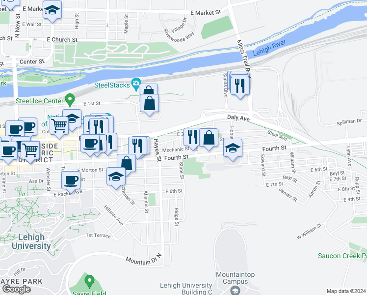 map of restaurants, bars, coffee shops, grocery stores, and more near 935 East 4th Street in Bethlehem