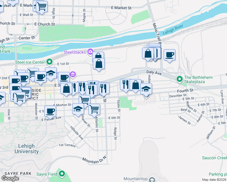map of restaurants, bars, coffee shops, grocery stores, and more near 935 East 4th Street in Bethlehem
