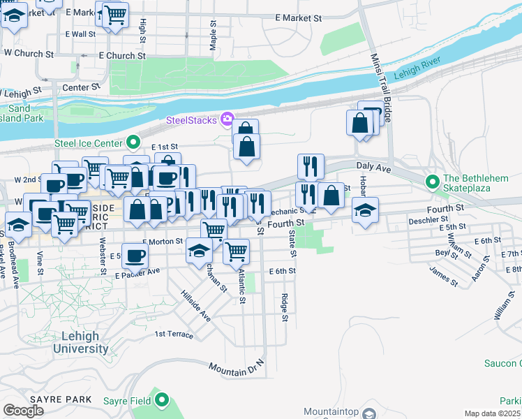 map of restaurants, bars, coffee shops, grocery stores, and more near 855 East 4th Street in Bethlehem
