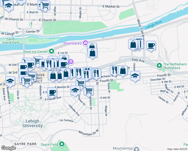 map of restaurants, bars, coffee shops, grocery stores, and more near 855 East 4th Street in Bethlehem