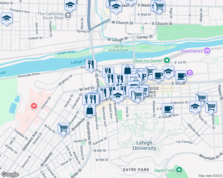map of restaurants, bars, coffee shops, grocery stores, and more near 217 Broadway in Bethlehem