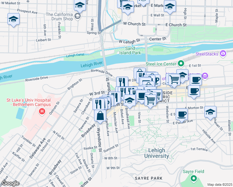 map of restaurants, bars, coffee shops, grocery stores, and more near 217 Broadway in Bethlehem