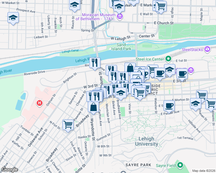 map of restaurants, bars, coffee shops, grocery stores, and more near 217 Broadway in Bethlehem