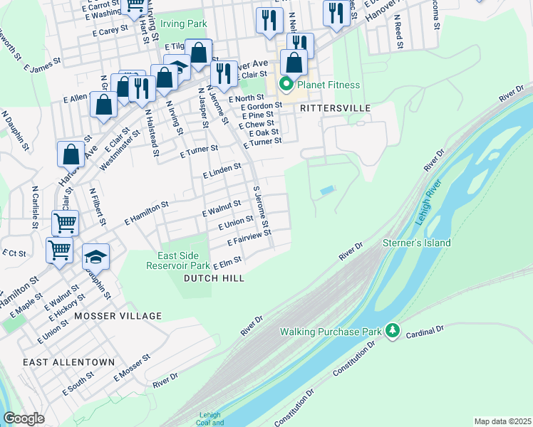 map of restaurants, bars, coffee shops, grocery stores, and more near 1013 East Fairview Street in Allentown
