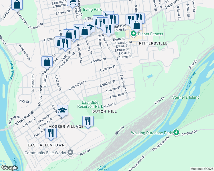 map of restaurants, bars, coffee shops, grocery stores, and more near 937 East Union Street in Allentown
