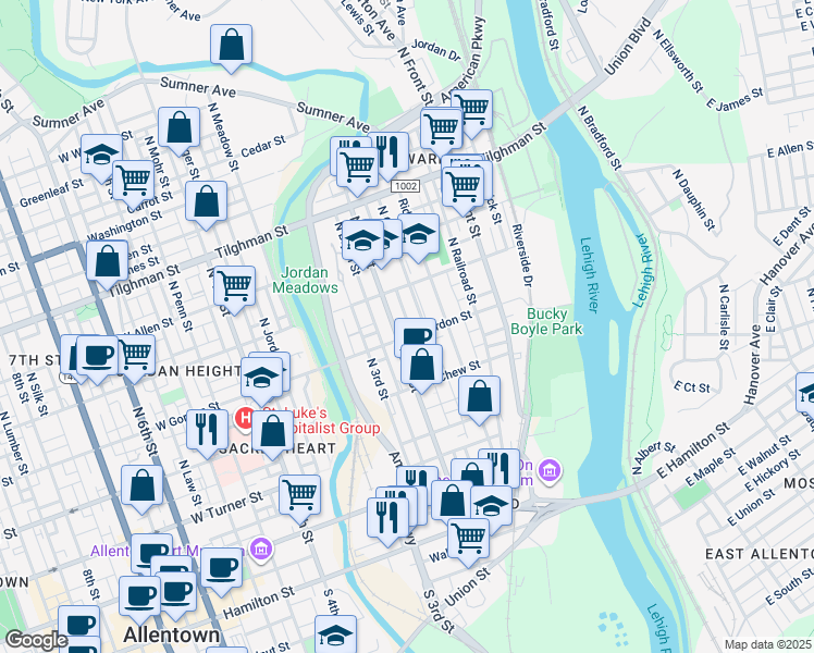 map of restaurants, bars, coffee shops, grocery stores, and more near 410 North Spruce Street in Allentown
