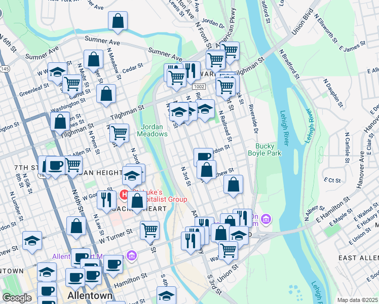 map of restaurants, bars, coffee shops, grocery stores, and more near 223 West Gordon Street in Allentown