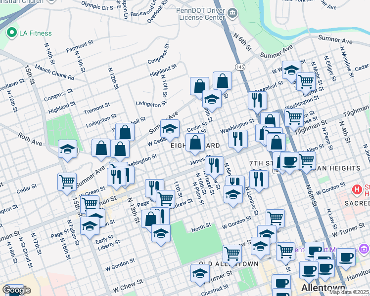 map of restaurants, bars, coffee shops, grocery stores, and more near in Allentown