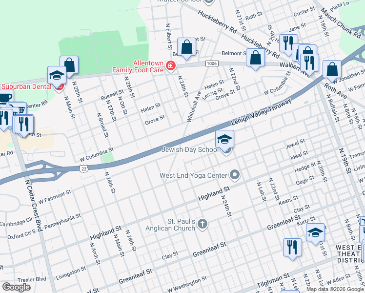 map of restaurants, bars, coffee shops, grocery stores, and more near 2448 West Fairmont Street in Allentown