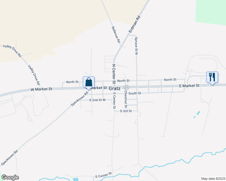 map of restaurants, bars, coffee shops, grocery stores, and more near 102 South Center Street in Gratz