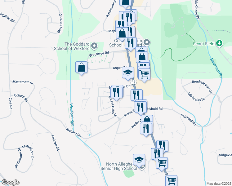 map of restaurants, bars, coffee shops, grocery stores, and more near 10545 Perry Highway in Wexford