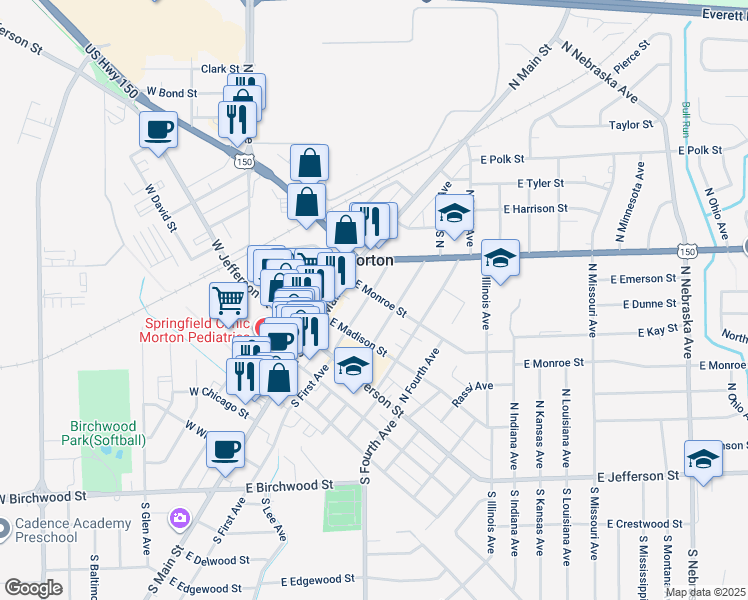 map of restaurants, bars, coffee shops, grocery stores, and more near 225 North Second Avenue in Morton