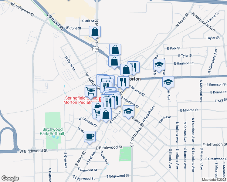 map of restaurants, bars, coffee shops, grocery stores, and more near in Morton
