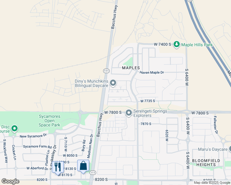 map of restaurants, bars, coffee shops, grocery stores, and more near 6823 Bottlebrush Lane in West Jordan