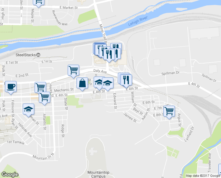 map of restaurants, bars, coffee shops, grocery stores, and more near 1249 East 4th Street in Bethlehem