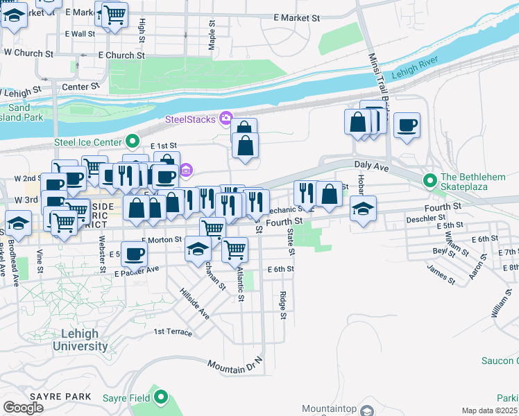 map of restaurants, bars, coffee shops, grocery stores, and more near 855 East 4th Street in Bethlehem
