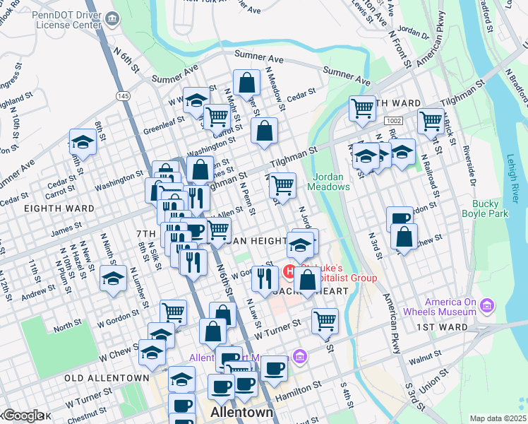 map of restaurants, bars, coffee shops, grocery stores, and more near 418 Mary Street in Allentown