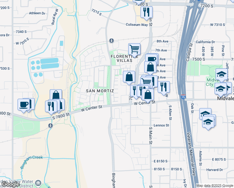 map of restaurants, bars, coffee shops, grocery stores, and more near 857 Rontano Court in Midvale