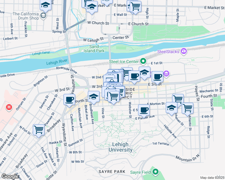 map of restaurants, bars, coffee shops, grocery stores, and more near 315 South New Street in Bethlehem