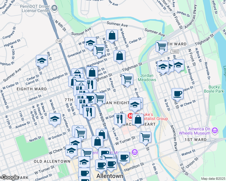 map of restaurants, bars, coffee shops, grocery stores, and more near 444 West Allen Street in Allentown