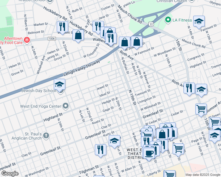 map of restaurants, bars, coffee shops, grocery stores, and more near 2017 West Highland Street in Allentown