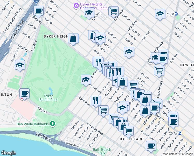 map of restaurants, bars, coffee shops, grocery stores, and more near 52 Bay 8th Street in Brooklyn