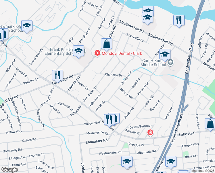 map of restaurants, bars, coffee shops, grocery stores, and more near 87 Hillcrest Drive in Clark