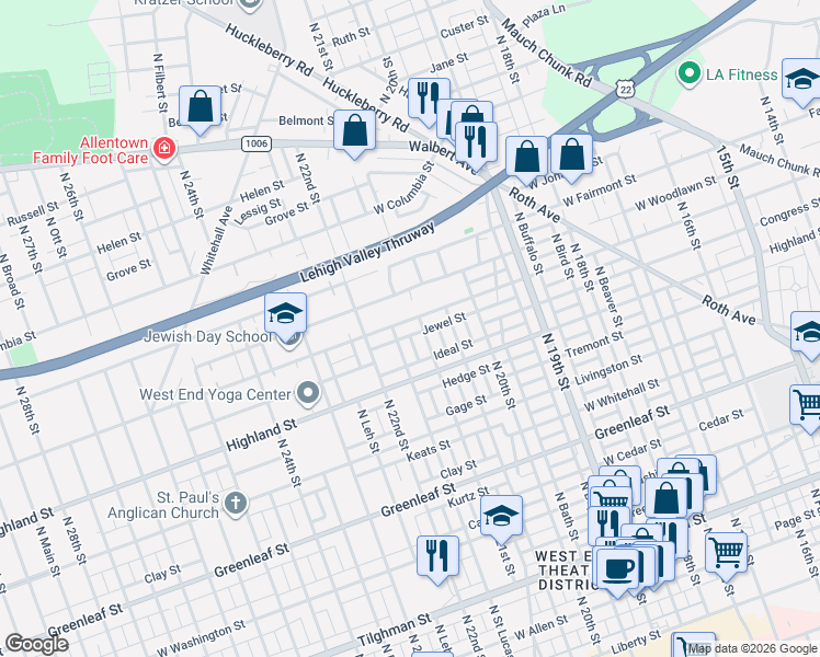 map of restaurants, bars, coffee shops, grocery stores, and more near 1138 North Saint Lucas Street in Allentown