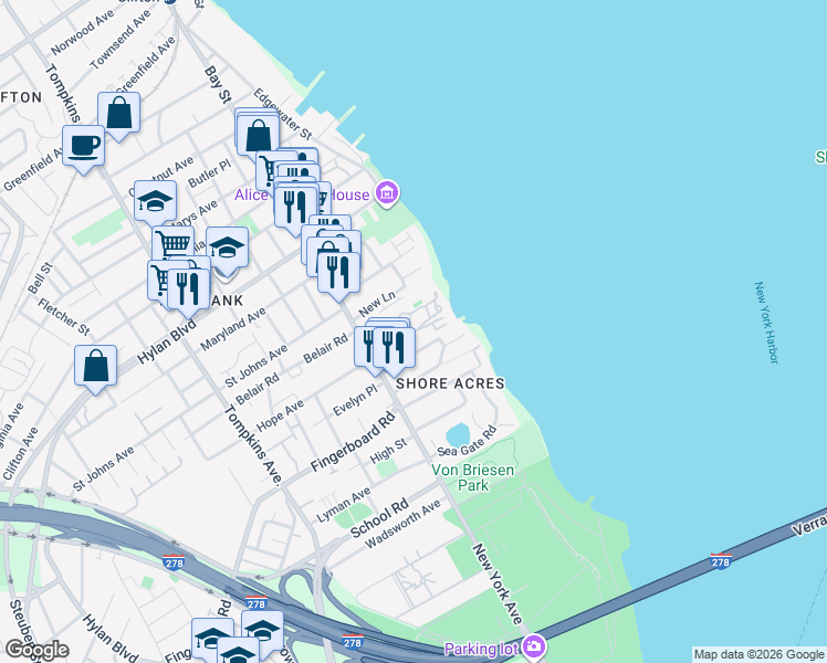 map of restaurants, bars, coffee shops, grocery stores, and more near 10 Search Lane in Staten Island
