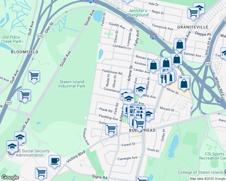 map of restaurants, bars, coffee shops, grocery stores, and more near Commerce Street in Staten Island