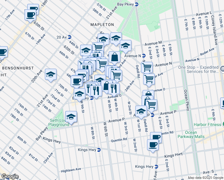 map of restaurants, bars, coffee shops, grocery stores, and more near 175 Avenue O in Brooklyn