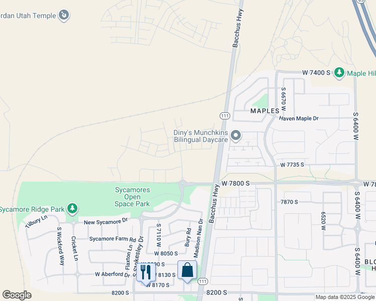 map of restaurants, bars, coffee shops, grocery stores, and more near 7007 West Farnsworth Peak Drive in West Jordan