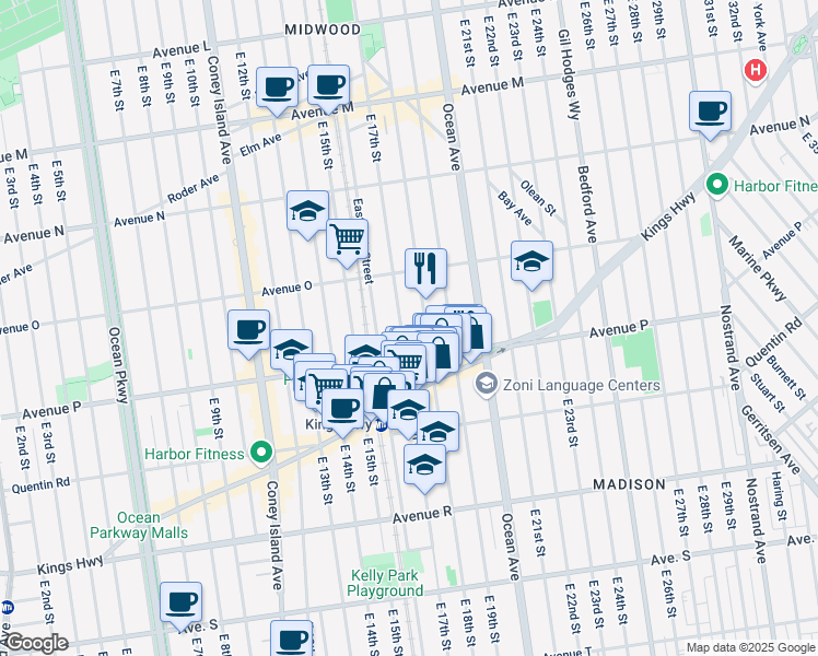 map of restaurants, bars, coffee shops, grocery stores, and more near 1719 Avenue P in Brooklyn