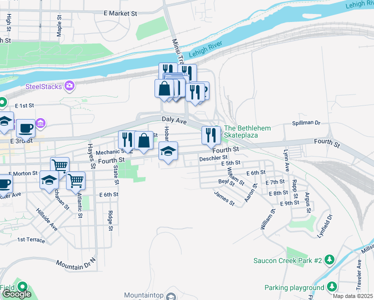 map of restaurants, bars, coffee shops, grocery stores, and more near 1241 East 4th Street in Bethlehem