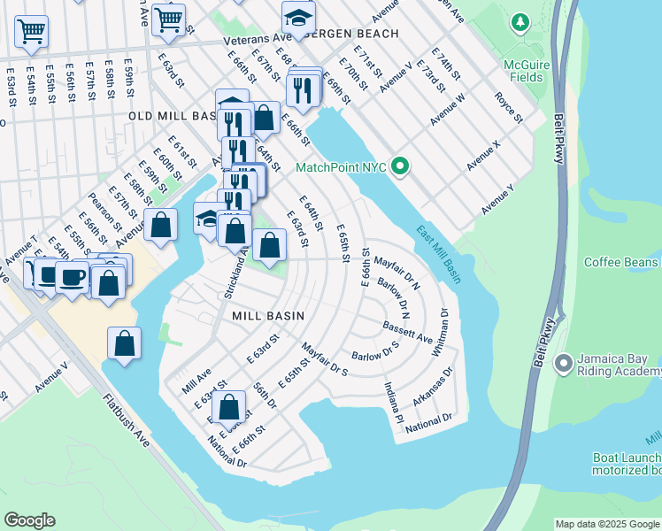 map of restaurants, bars, coffee shops, grocery stores, and more near 156 Mayfair Drive North in Brooklyn