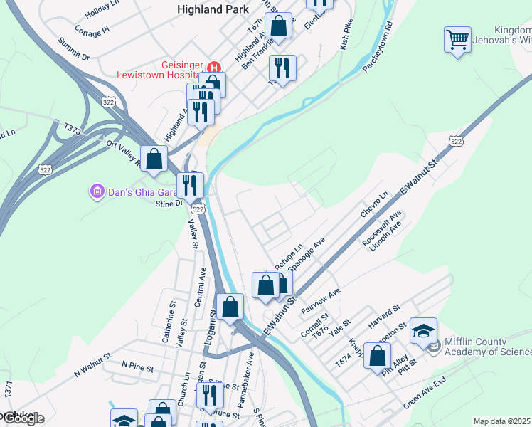 map of restaurants, bars, coffee shops, grocery stores, and more near 15 Oakland Avenue in Lewistown