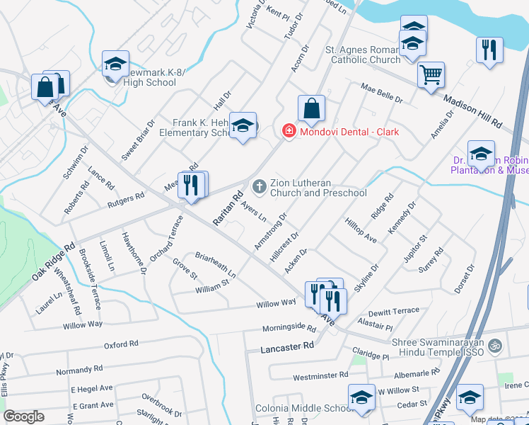 map of restaurants, bars, coffee shops, grocery stores, and more near 559 Raritan Rd in Clark